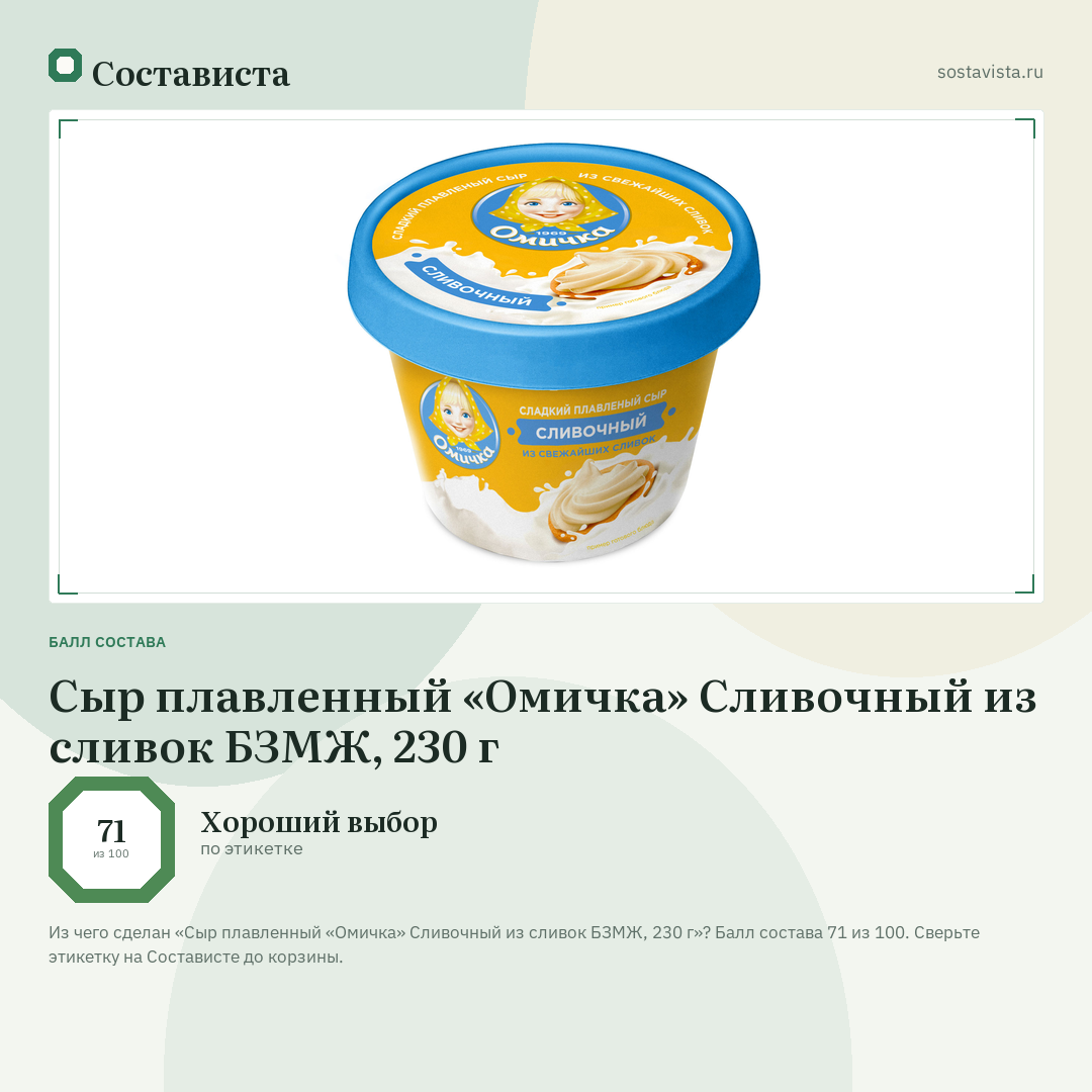 Сыр плавленный «Омичка» Сливочный из сливок БЗМЖ, 230 г: балл состава 71 из 100 — Состависта