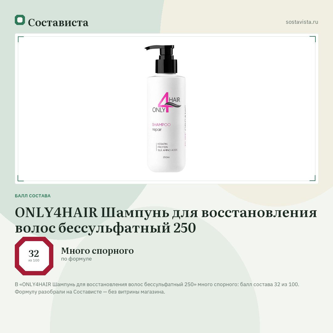 ONLY4HAIR Шампунь для восстановления волос бессульфатный 250: балл состава 32 из 100 — Состависта