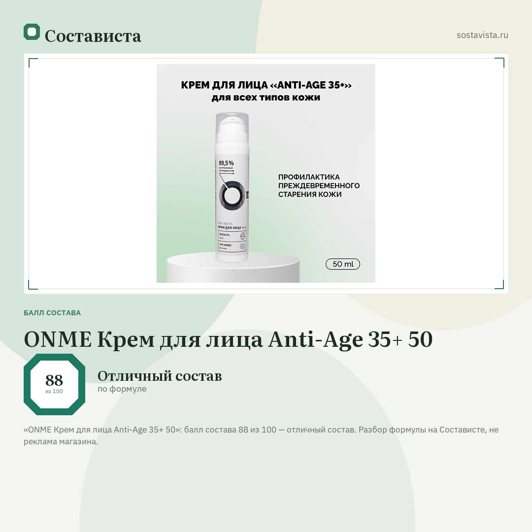 ONME Крем для лица Anti-Age 35+ 50: балл состава 88 из 100 — Состависта