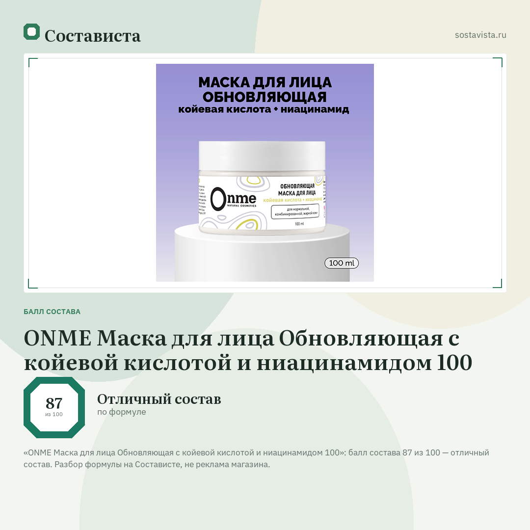 ONME Маска для лица Обновляющая с койевой кислотой и ниацинамидом 100: балл состава 87 из 100 — Состависта