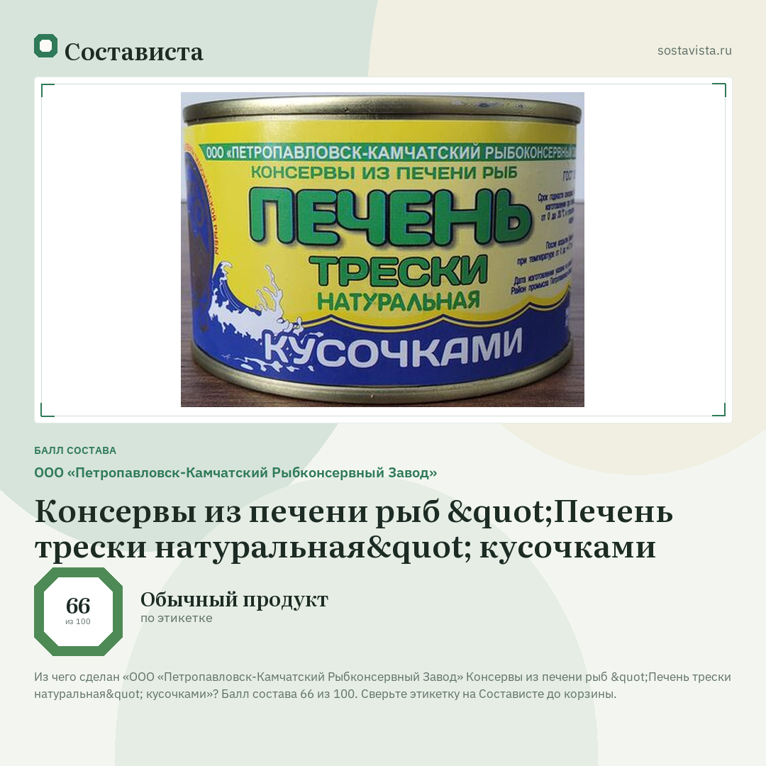 ООО «Петропавловск-Камчатский Рыбконсервный Завод» Консервы из печени рыб "Печень трески натуральная" кусочками: балл состава 66 из 100 — Состависта