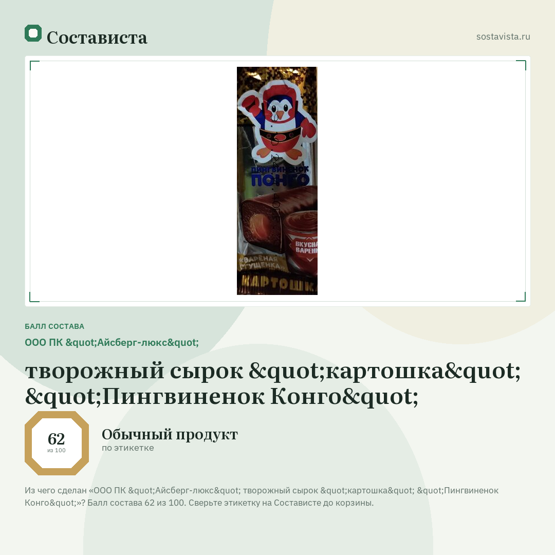 ООО ПК "Айсберг-люкс" творожный сырок "картошка" "Пингвиненок Конго": балл состава 62 из 100 — Состависта