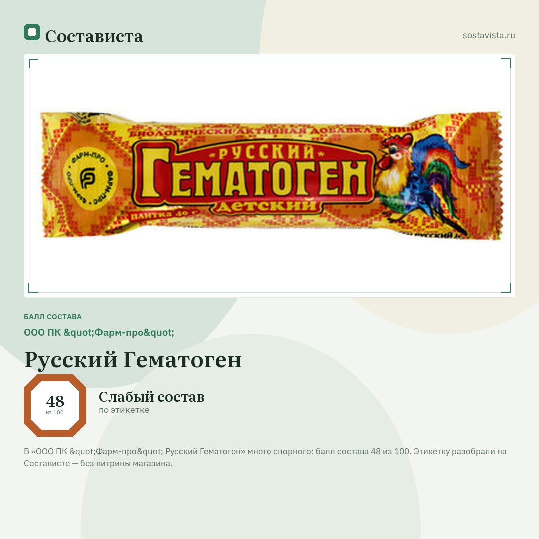 ООО ПК "Фарм-про" Русский Гематоген: балл состава 48 из 100 — Состависта