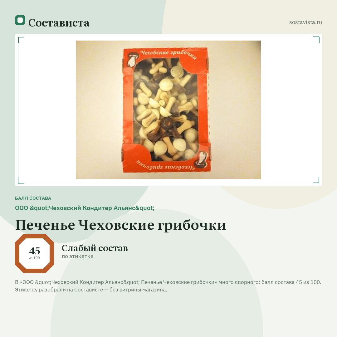 ООО "Чеховский Кондитер Альянс" Печенье Чеховские грибочки: балл состава 45 из 100 — Состависта