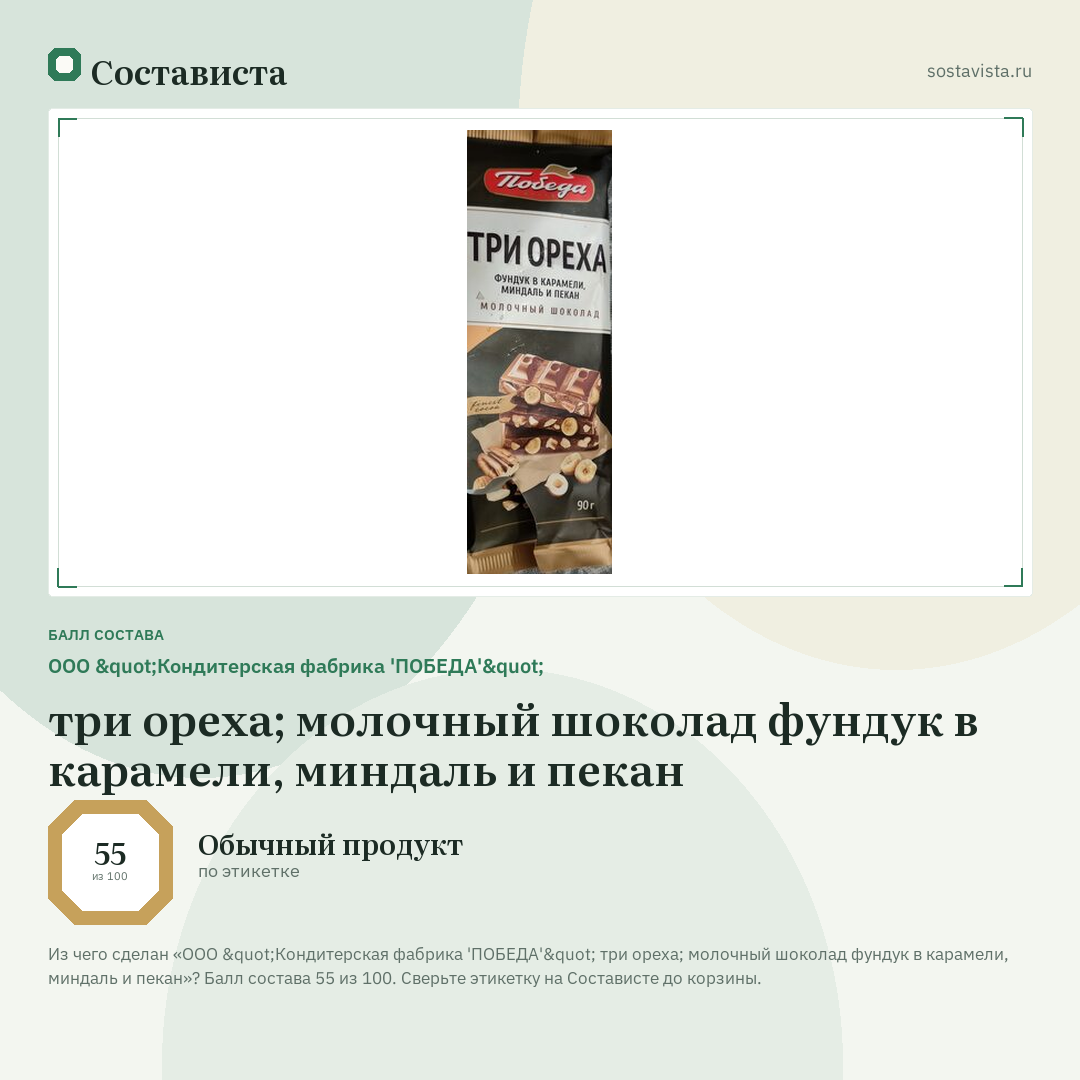 ООО "Кондитерская фабрика 'ПОБЕДА'" три ореха; молочный шоколад фундук в карамели, миндаль и пекан: балл состава 55 из 100 — Состависта