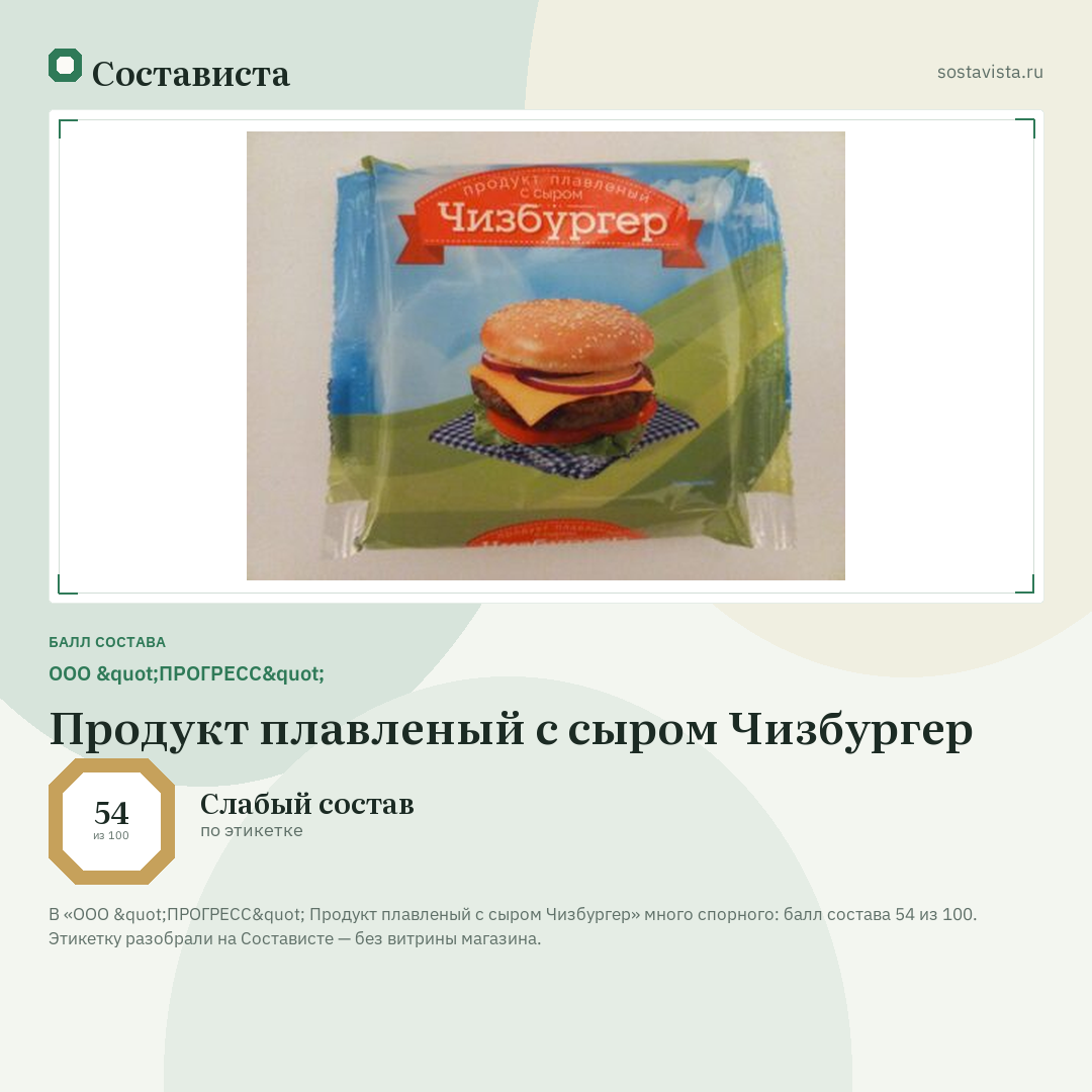ООО "ПРОГРЕСС" Продукт плавленый с сыром Чизбургер: балл состава 54 из 100 — Состависта