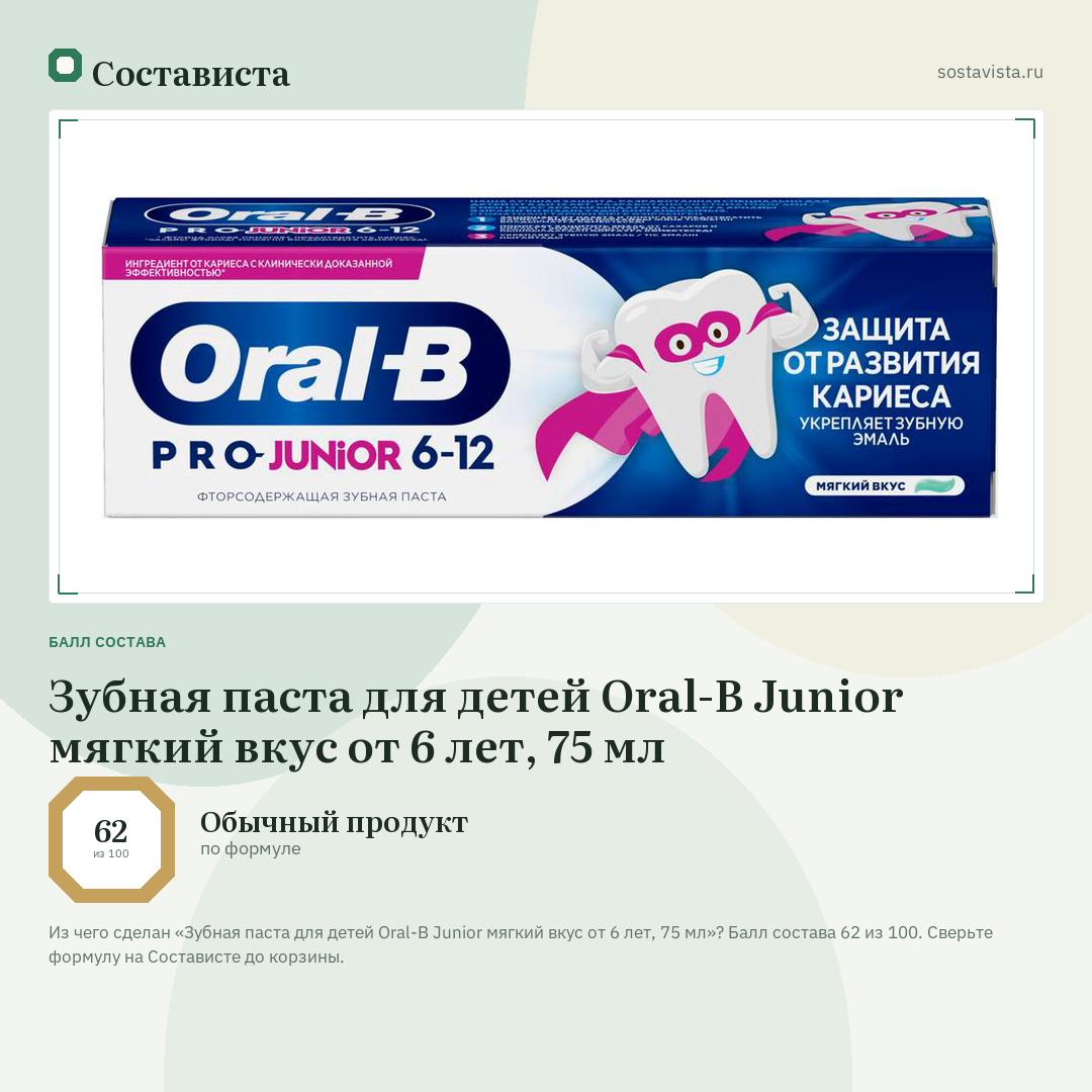 Зубная паста для детей Oral-B Junior мягкий вкус от 6 лет, 75 мл: балл состава 62 из 100 — Состависта