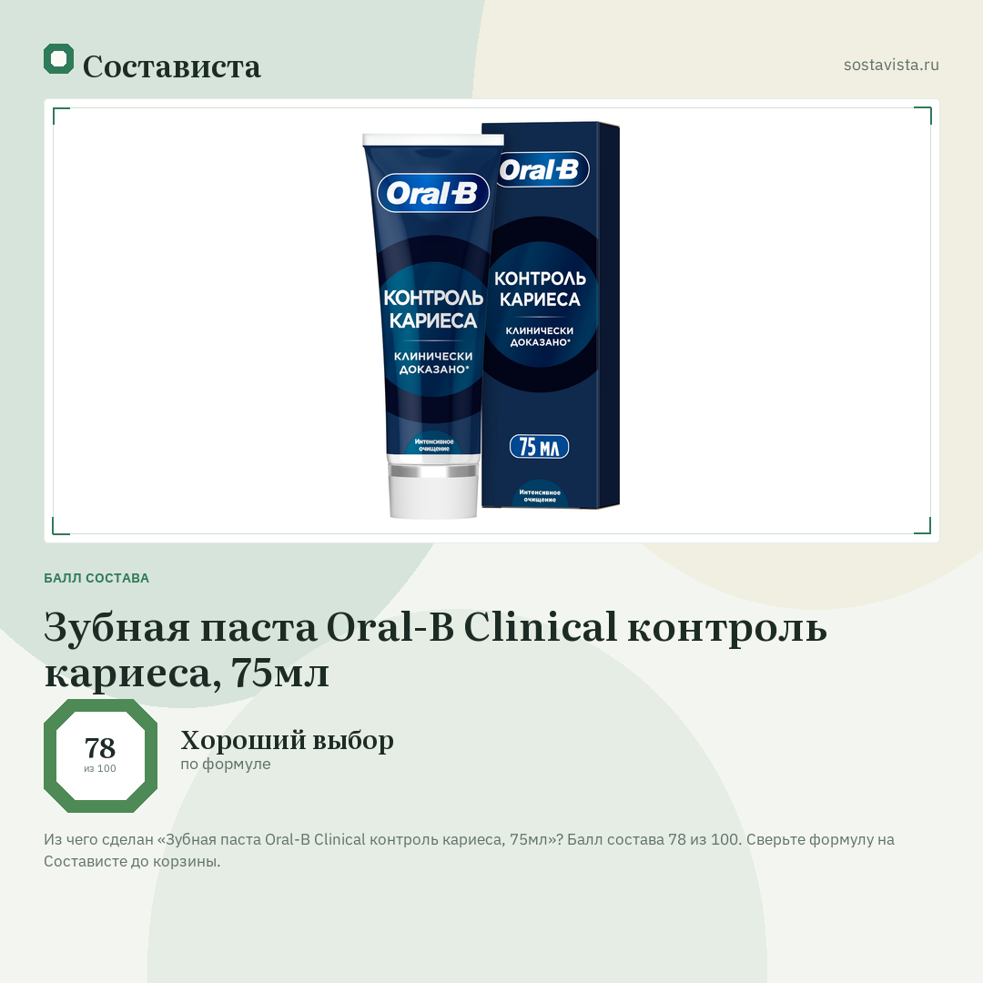 Зубная паста Oral-B Clinical контроль кариеса, 75мл: балл состава 78 из 100 — Состависта