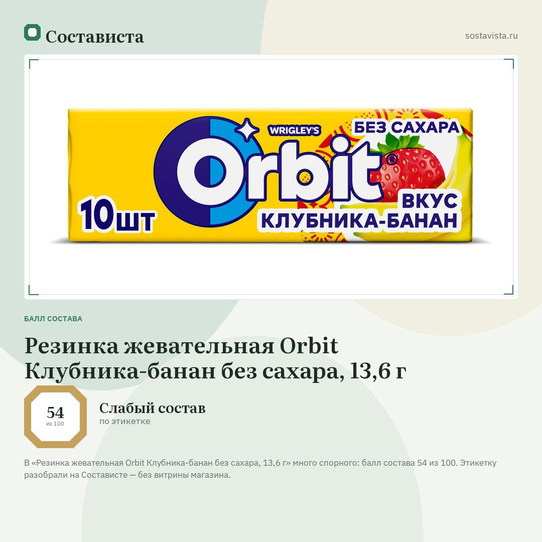 Резинка жевательная Orbit Клубника-банан без сахара, 13,6 г: балл состава 54 из 100 — Состависта