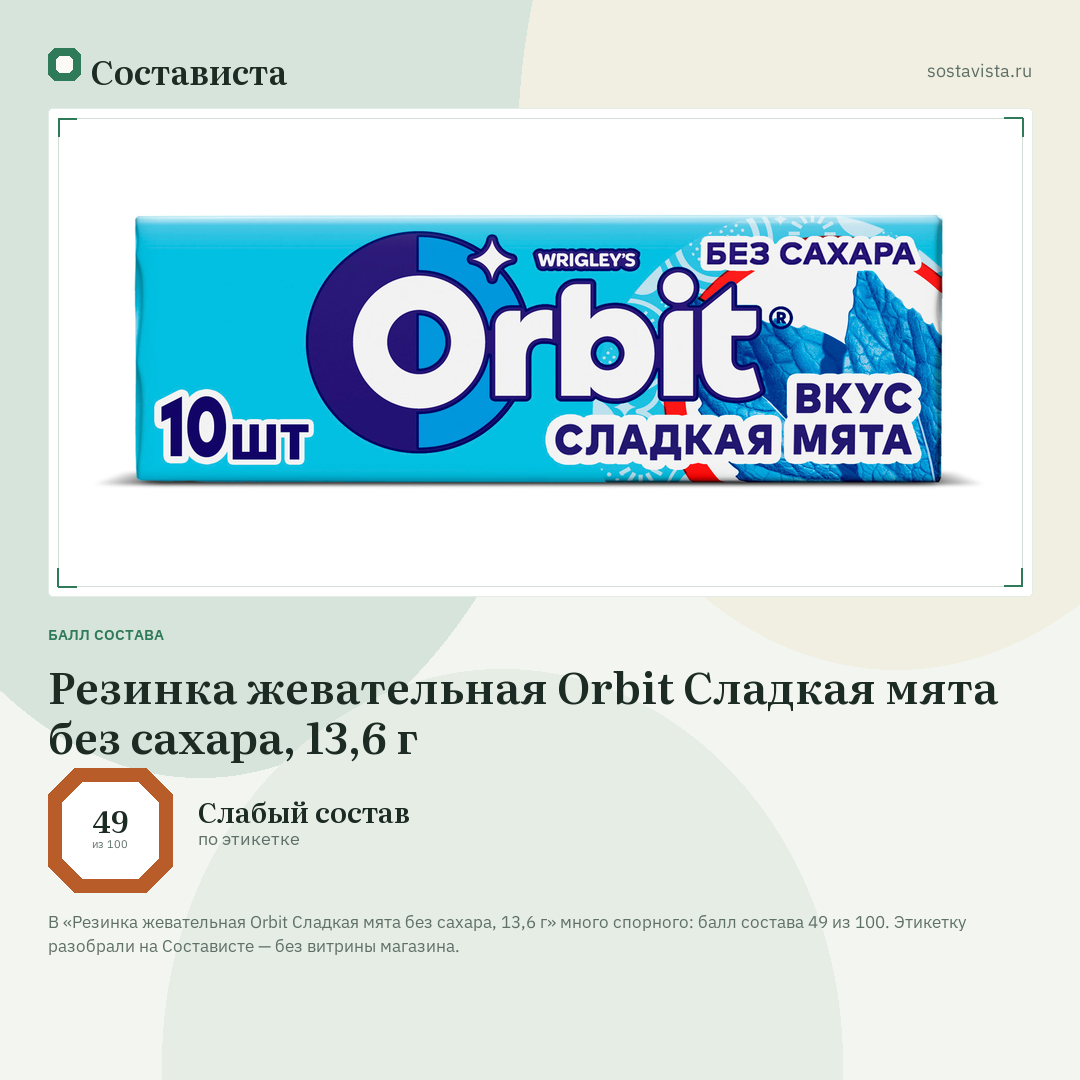 Резинка жевательная Orbit Сладкая мята без сахара, 13,6 г: балл состава 49 из 100 — Состависта