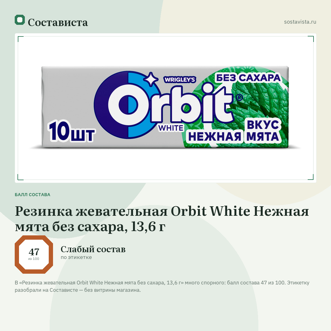 Резинка жевательная Orbit White Нежная мята без сахара, 13,6 г: балл состава 47 из 100 — Состависта