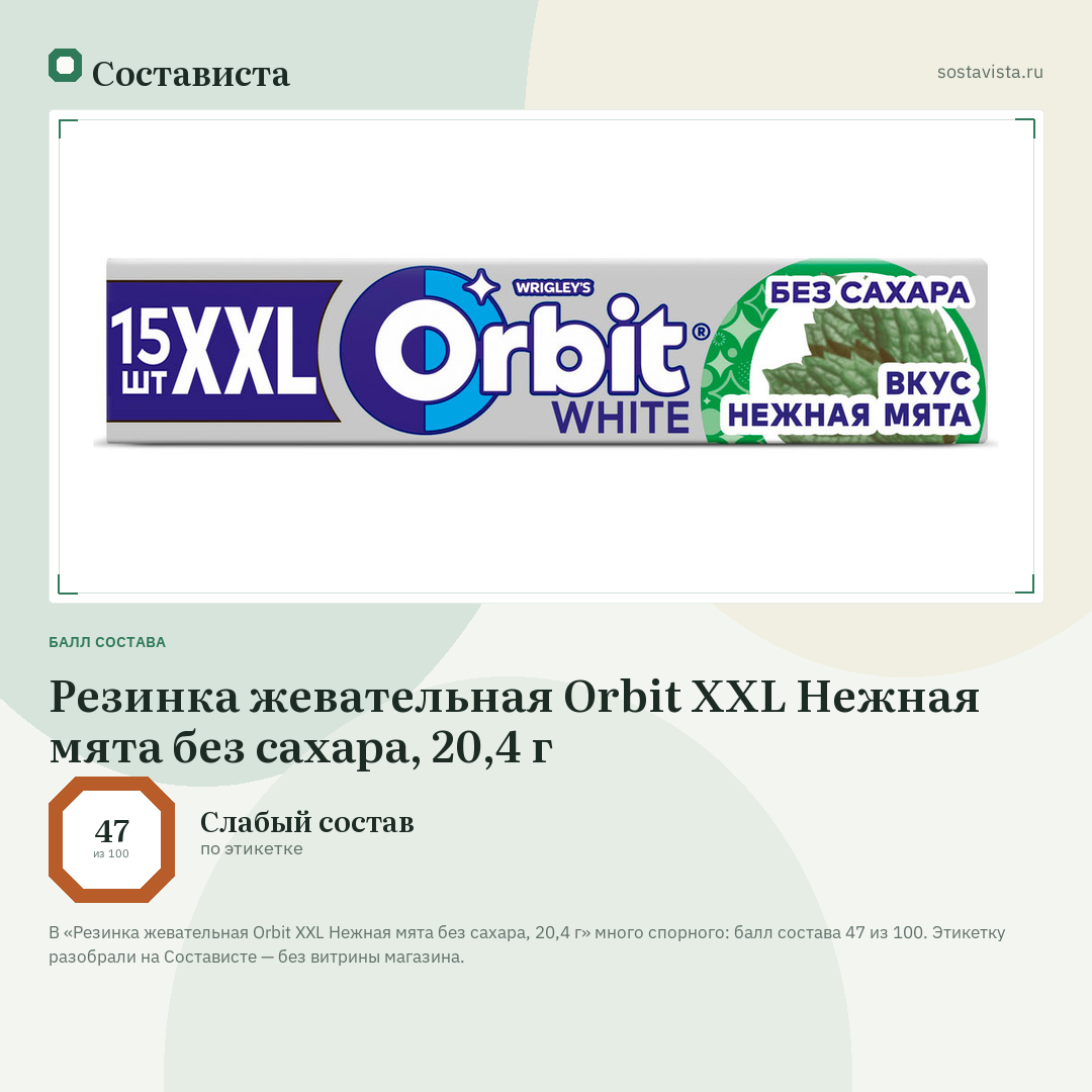 Резинка жевательная Orbit XXL Нежная мята без сахара, 20,4 г: балл состава 47 из 100 — Состависта
