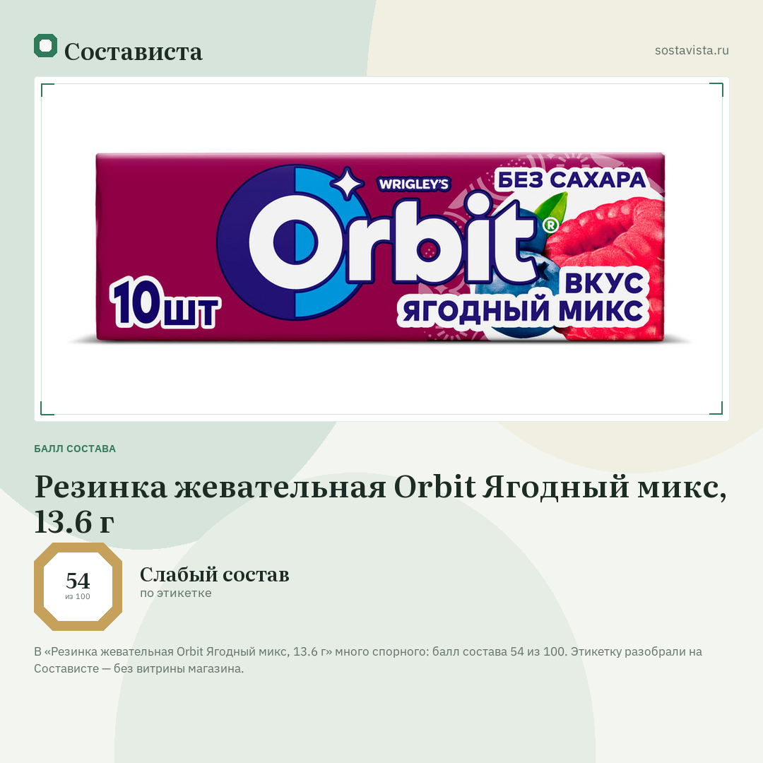 Резинка жевательная Orbit Ягодный микс, 13.6 г: балл состава 54 из 100 — Состависта