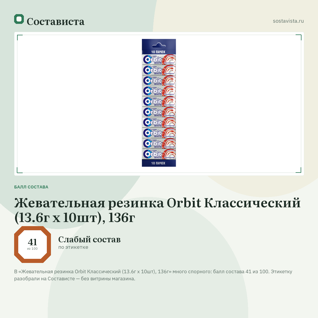 Жевательная резинка Orbit Классический (13.6г x 10шт), 136г: балл состава 41 из 100 — Состависта