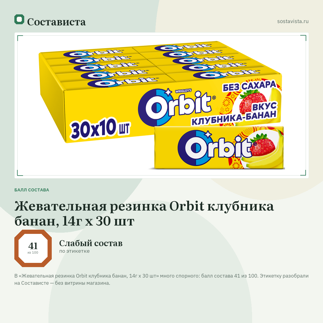 Жевательная резинка Orbit клубника банан, 14г x 30 шт: балл состава 41 из 100 — Состависта