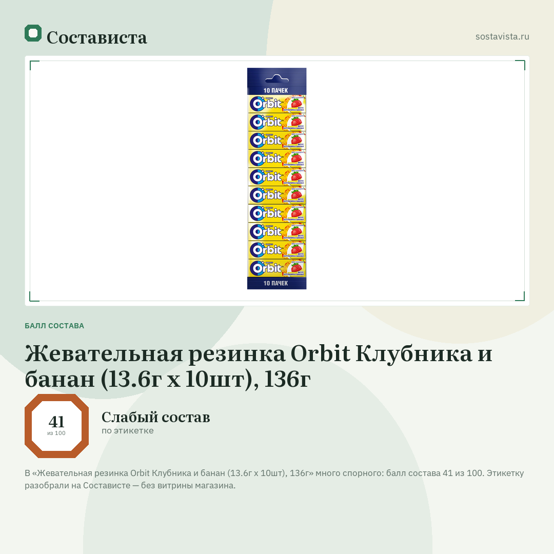 Жевательная резинка Orbit Клубника и банан (13.6г х 10шт), 136г: балл состава 41 из 100 — Состависта
