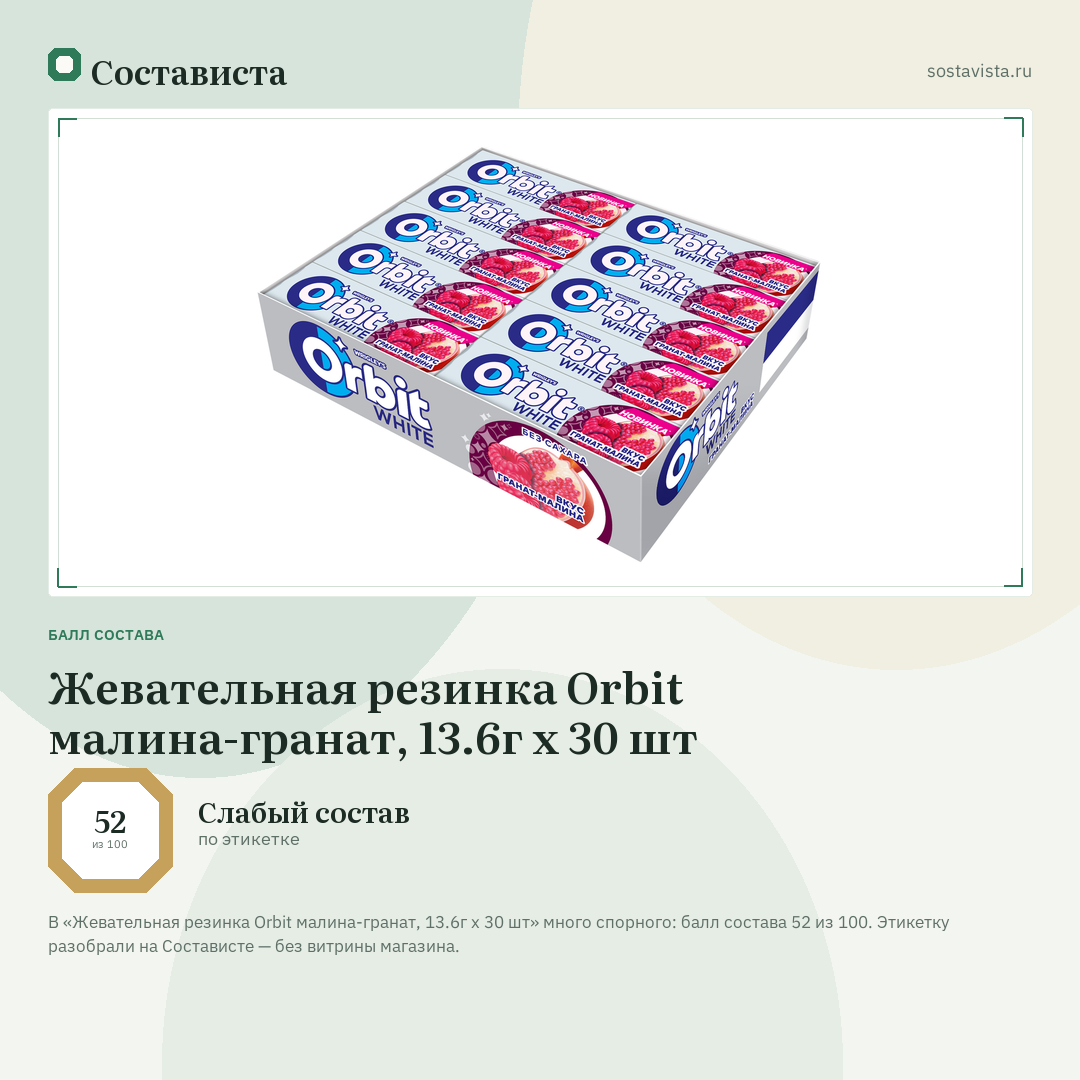 Жевательная резинка Orbit малина-гранат, 13.6г x 30 шт: балл состава 52 из 100 — Состависта