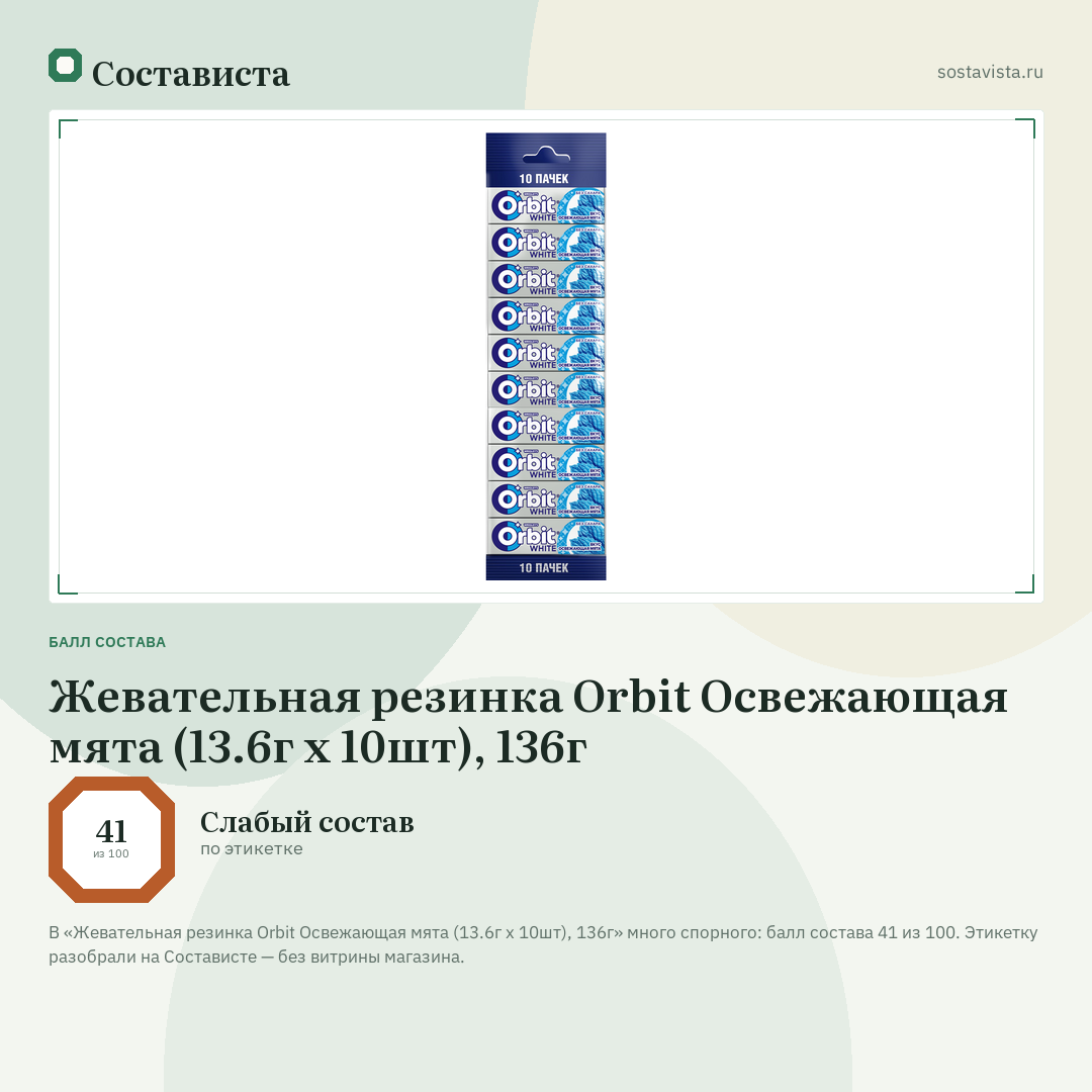 Жевательная резинка Orbit Освежающая мята (13.6г x 10шт), 136г: балл состава 41 из 100 — Состависта