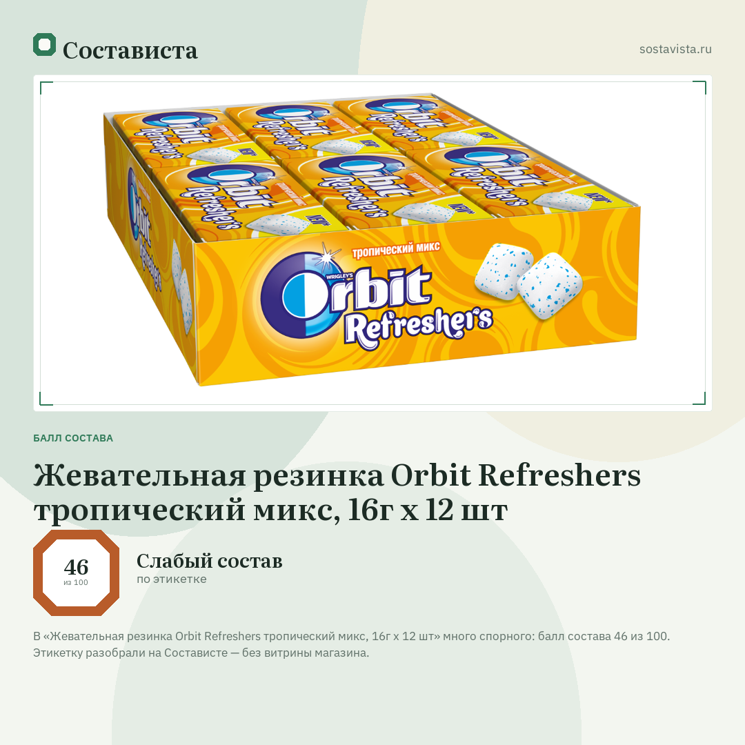 Жевательная резинка Orbit Refreshers тропический микс, 16г x 12 шт: балл состава 46 из 100 — Состависта
