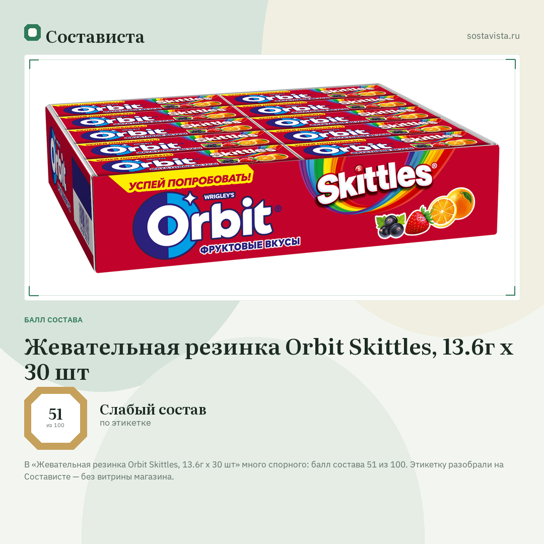 Жевательная резинка Orbit Skittles, 13.6г x 30 шт: балл состава 51 из 100 — Состависта