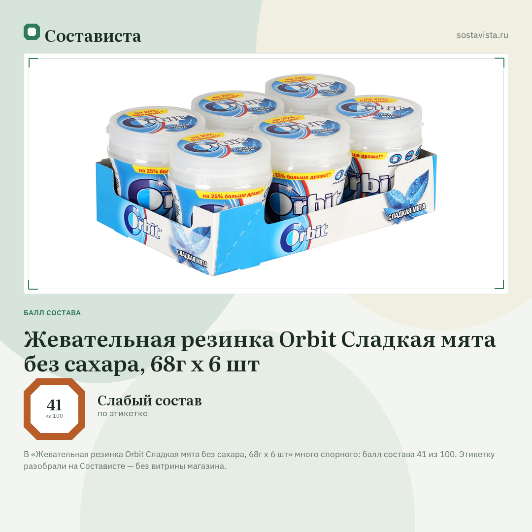 Жевательная резинка Orbit Сладкая мята без сахара, 68г x 6 шт: балл состава 41 из 100 — Состависта