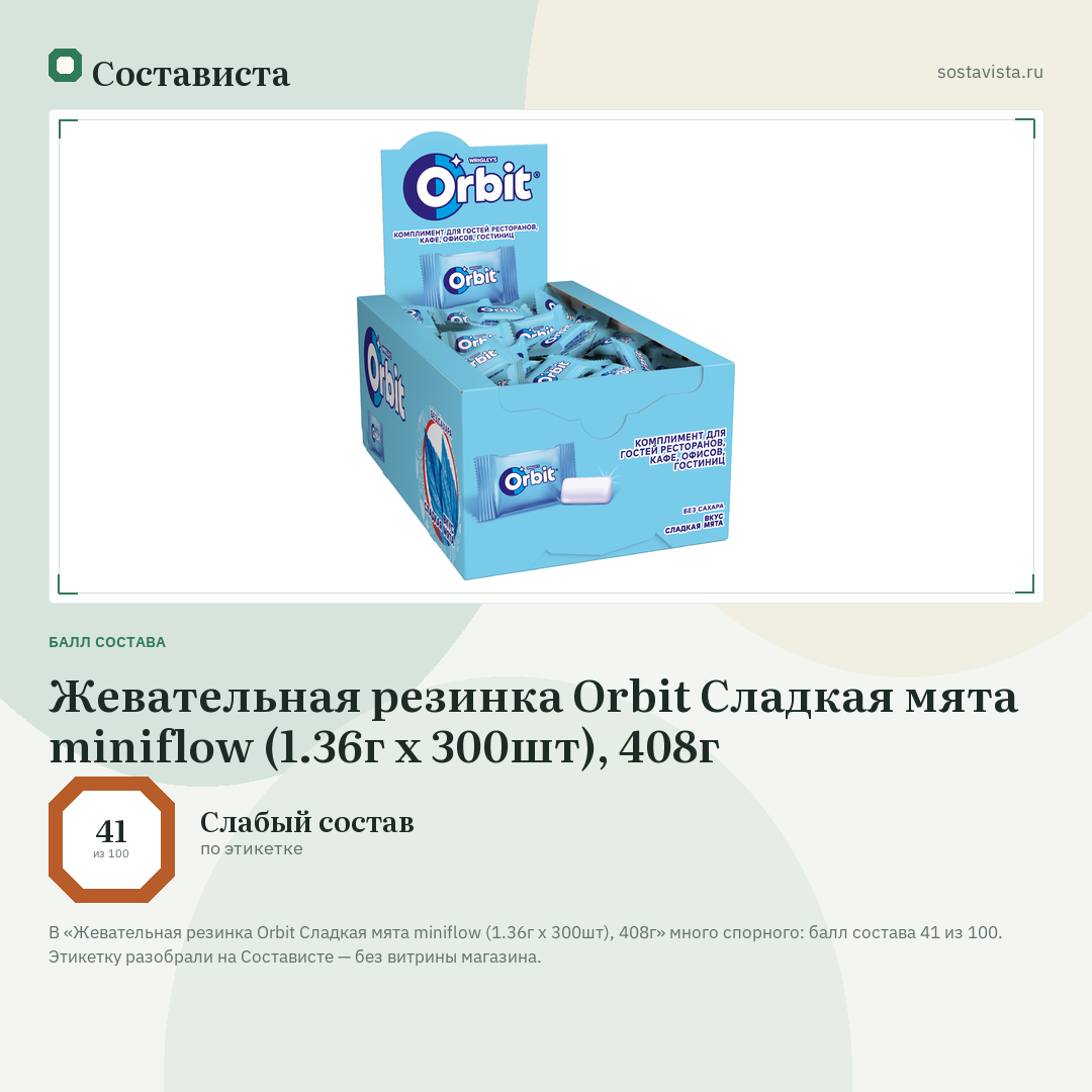 Жевательная резинка Orbit Сладкая мята miniflow (1.36г х 300шт), 408г: балл состава 41 из 100 — Состависта
