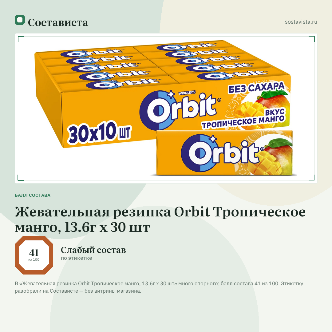 Жевательная резинка Orbit Тропическое манго, 13.6г x 30 шт: балл состава 41 из 100 — Состависта