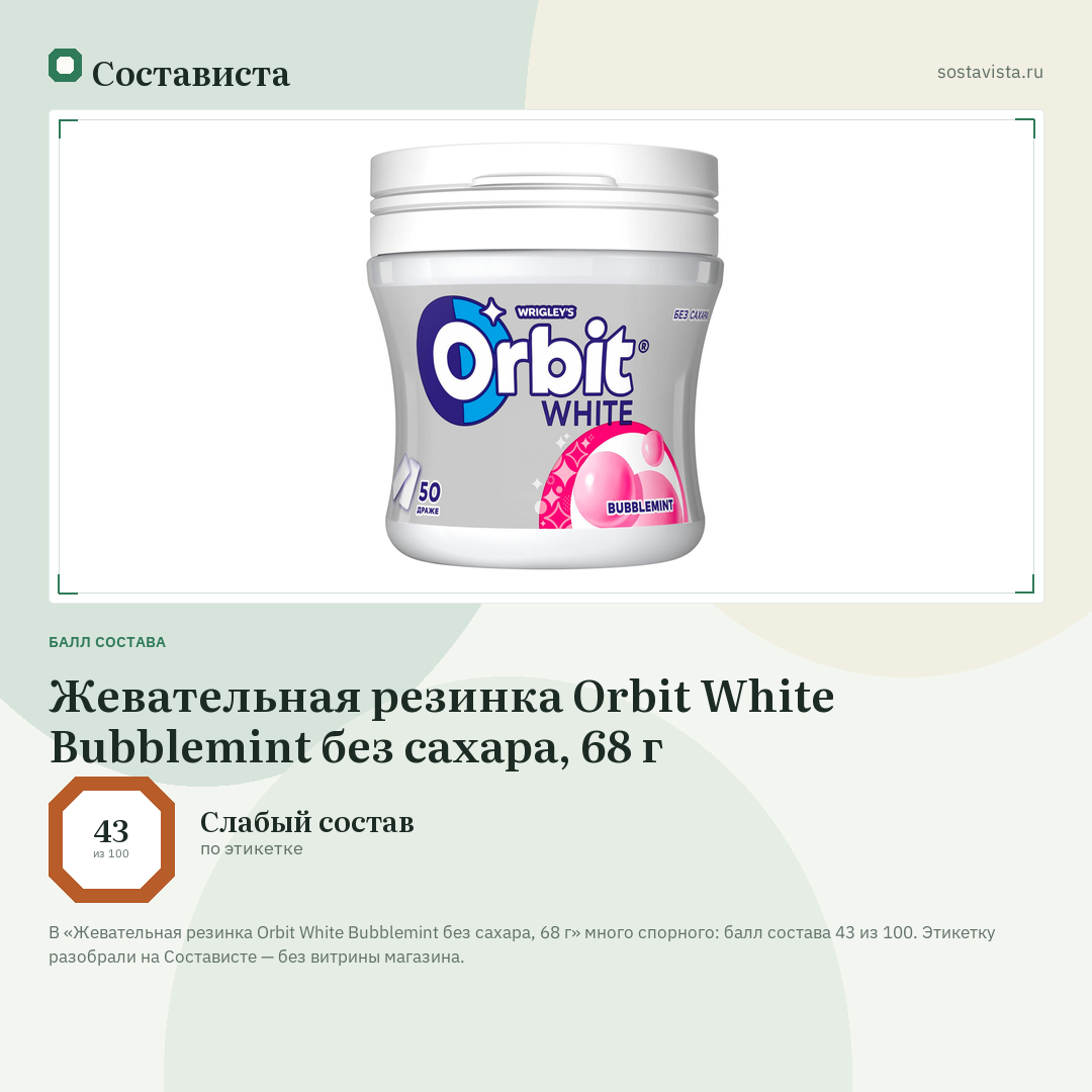 Жевательная резинка Orbit White Bubblemint без сахара, 68 г: балл состава 43 из 100 — Состависта
