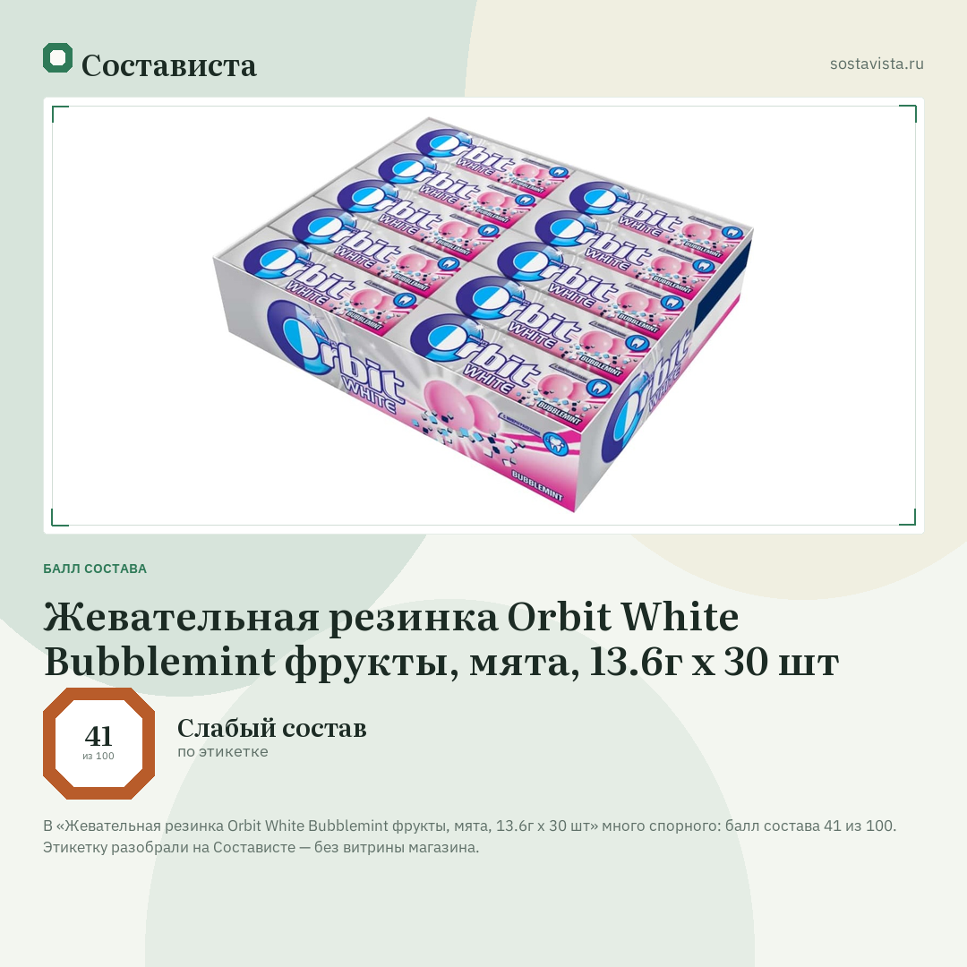 Жевательная резинка Orbit White Bubblemint фрукты, мята, 13.6г x 30 шт: балл состава 41 из 100 — Состависта
