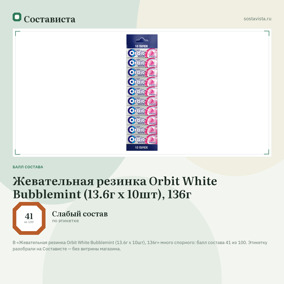 Жевательная резинка Orbit White Bubblemint (13.6г x 10шт), 136г: балл состава 41 из 100 — Состависта
