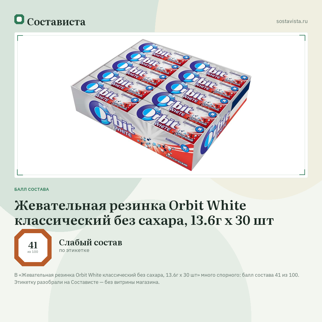 Жевательная резинка Orbit White классический без сахара, 13.6г x 30 шт: балл состава 41 из 100 — Состависта