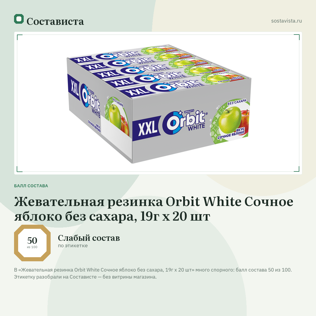 Жевательная резинка Orbit White Сочное яблоко без сахара, 19г х 20 шт: балл состава 50 из 100 — Состависта