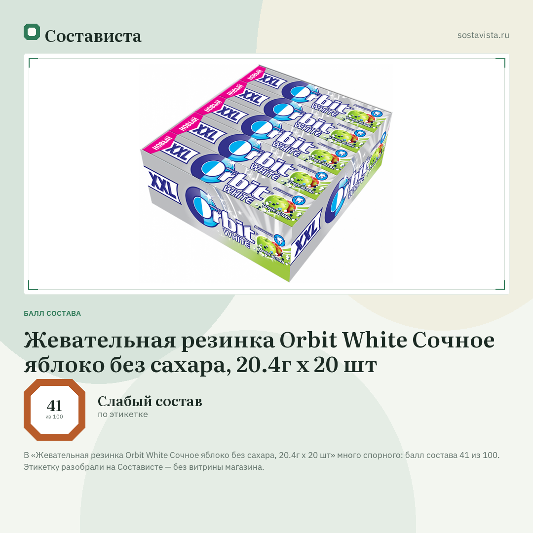 Жевательная резинка Orbit White Сочное яблоко без сахара, 20.4г x 20 шт: балл состава 41 из 100 — Состависта
