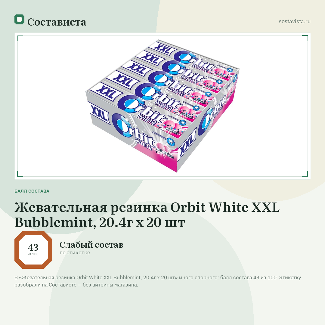 Жевательная резинка Orbit White XXL Bubblemint, 20.4г x 20 шт: балл состава 43 из 100 — Состависта