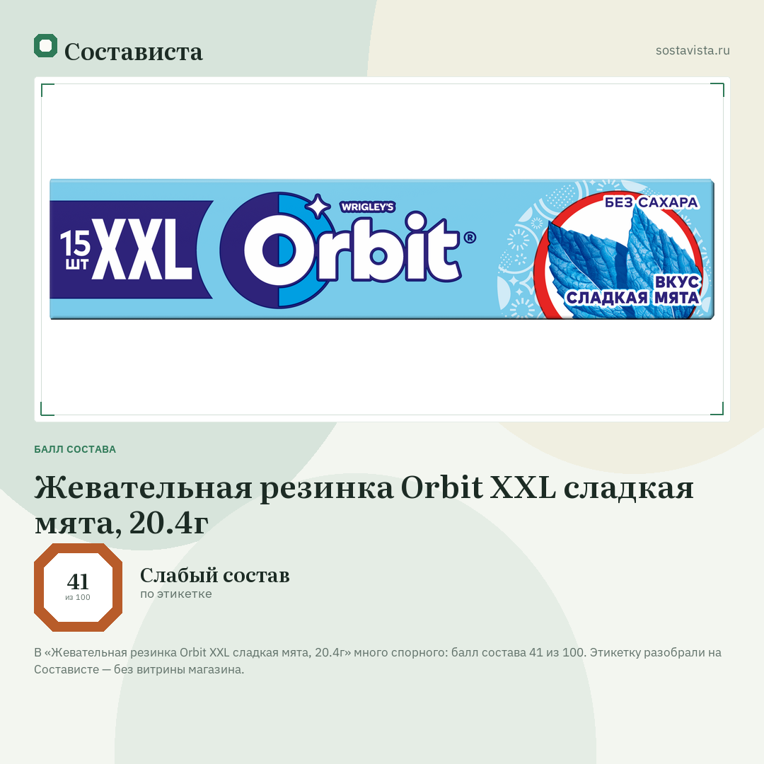 Жевательная резинка Orbit XXL сладкая мята, 20.4г: балл состава 41 из 100 — Состависта