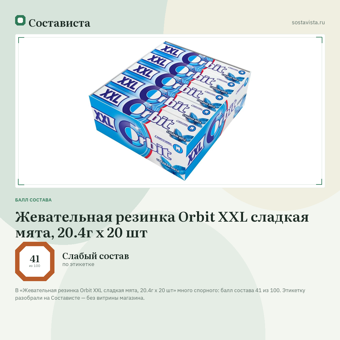 Жевательная резинка Orbit XXL сладкая мята, 20.4г x 20 шт: балл состава 41 из 100 — Состависта