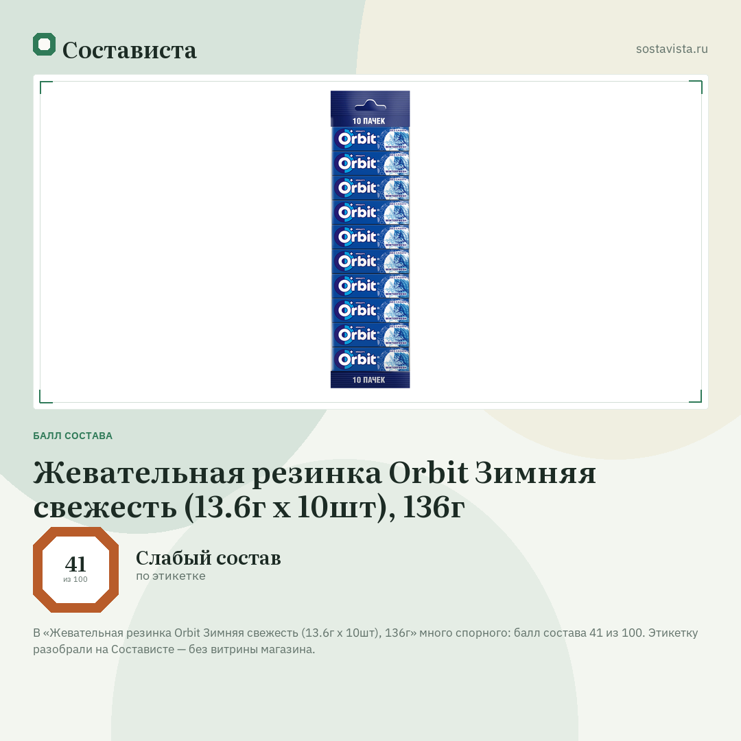 Жевательная резинка Orbit Зимняя свежесть (13.6г x 10шт), 136г: балл состава 41 из 100 — Состависта