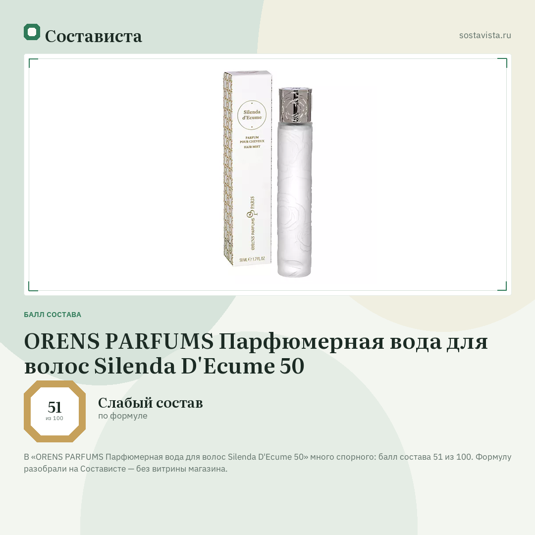 ORENS PARFUMS Парфюмерная вода для волос Silenda D'Ecume 50: балл состава 51 из 100 — Состависта