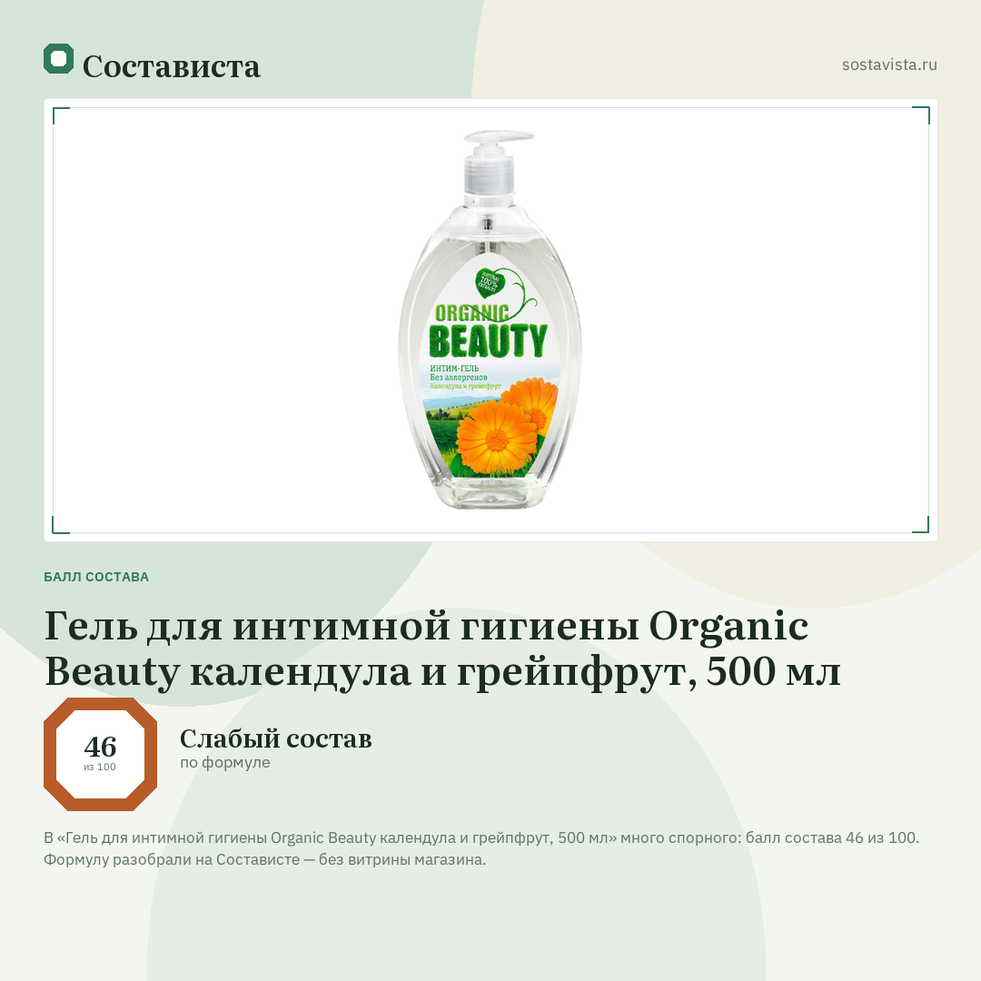Гель для интимной гигиены Organic Beauty календула и грейпфрут, 500 мл: балл состава 46 из 100 — Состависта