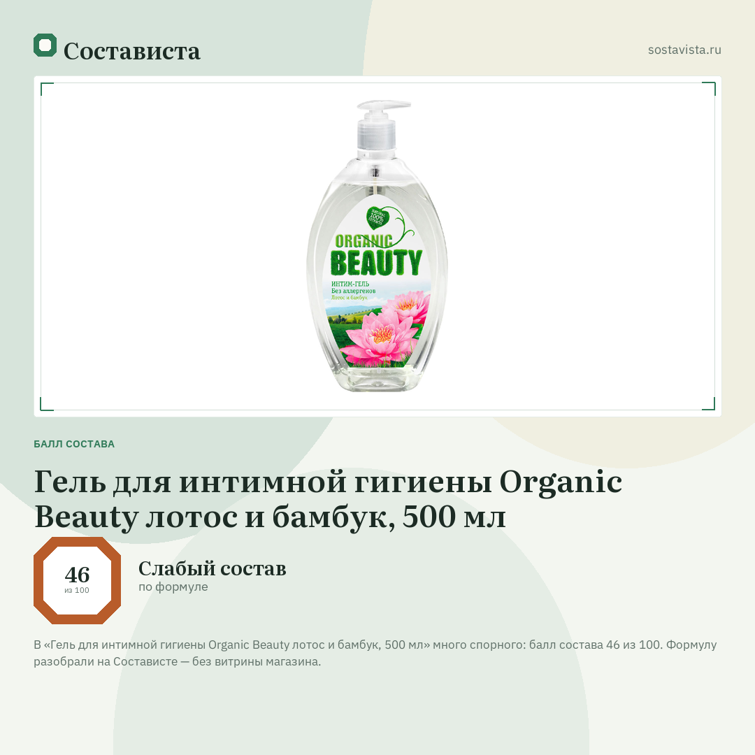 Гель для интимной гигиены Organic Beauty лотос и бамбук, 500 мл: балл состава 46 из 100 — Состависта
