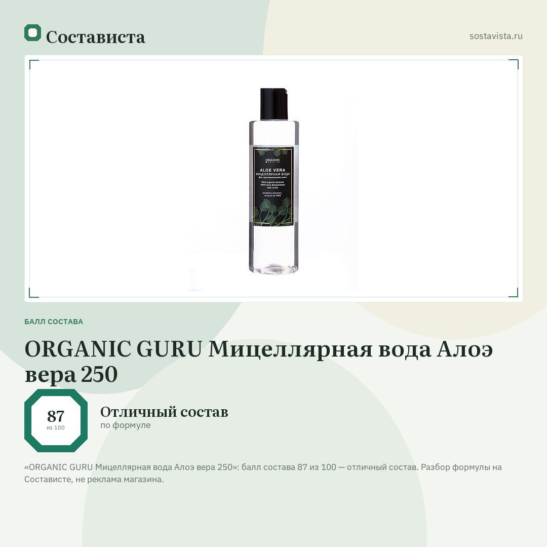 ORGANIC GURU Мицеллярная вода Алоэ вера 250: балл состава 87 из 100 — Состависта