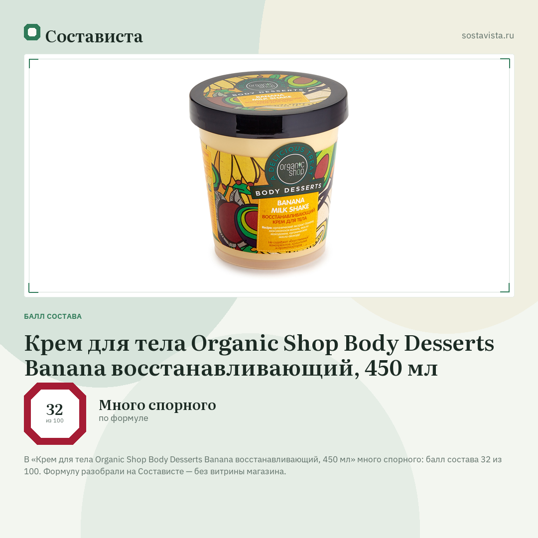 Крем для тела Organic Shop Body Desserts Banana восстанавливающий, 450 мл: балл состава 32 из 100 — Состависта