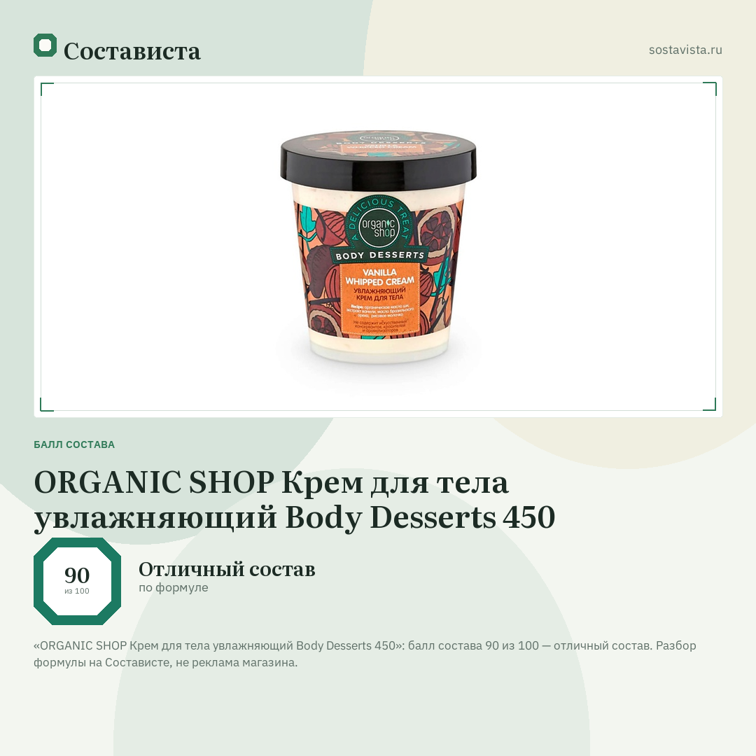 ORGANIC SHOP Крем для тела увлажняющий Body Desserts 450: балл состава 90 из 100 — Состависта