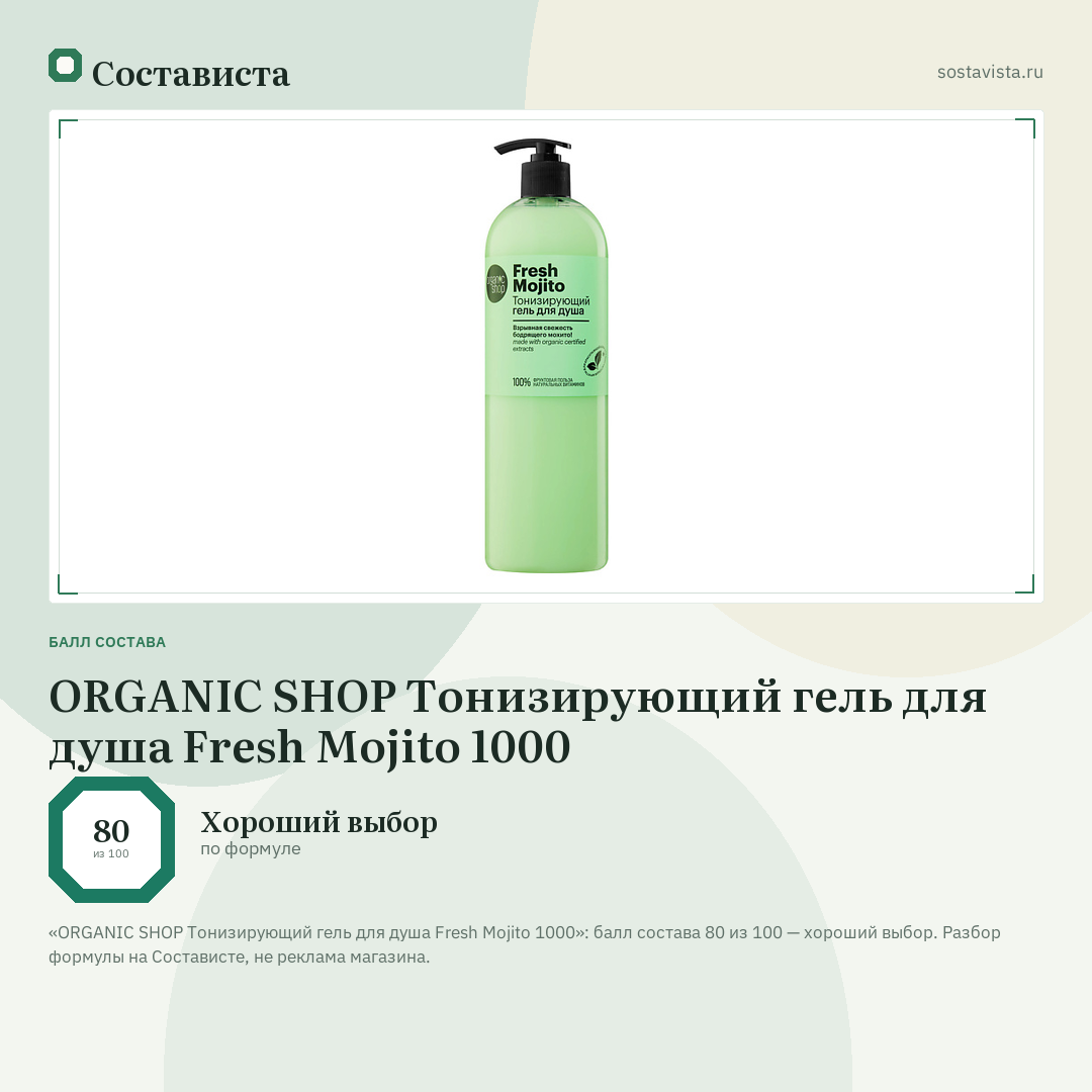 ORGANIC SHOP Тонизирующий гель для душа Fresh Mojito 1000: балл состава 80 из 100 — Состависта