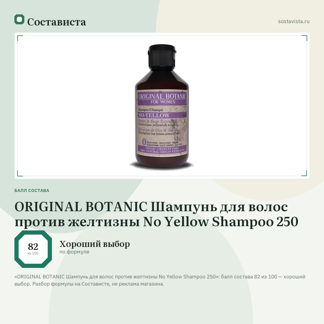 ORIGINAL BOTANIC Шампунь для волос против желтизны No Yellow Shampoo 250: балл состава 82 из 100 — Состависта