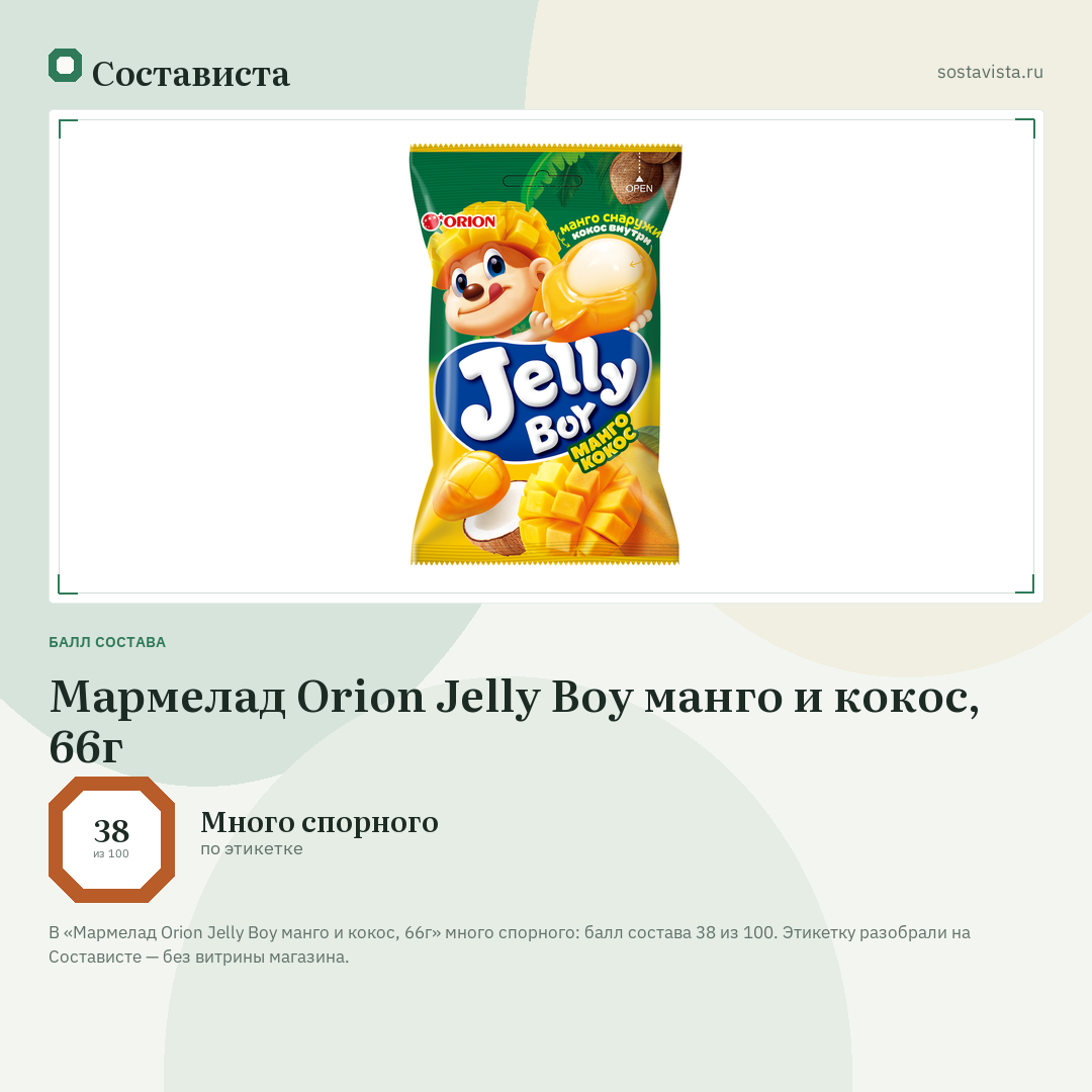 Мармелад Orion Jelly Boy манго и кокос, 66г: балл состава 38 из 100 — Состависта