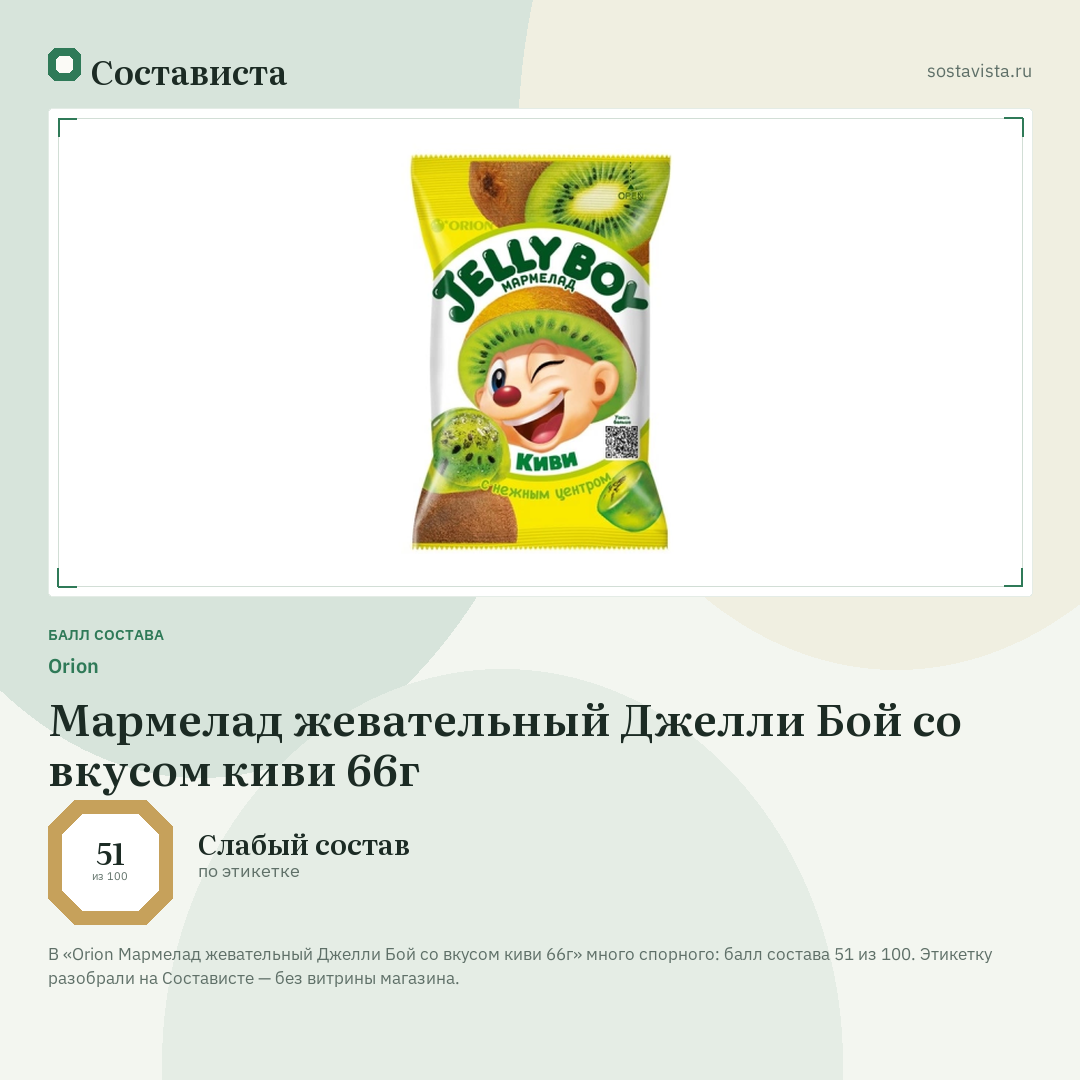 Orion Мармелад жевательный Джелли Бой со вкусом киви 66г: балл состава 51 из 100 — Состависта