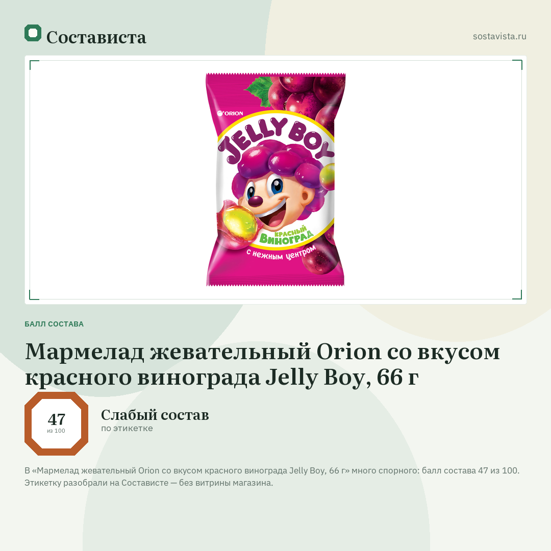 Мармелад жевательный Orion со вкусом красного винограда Jelly Boy, 66 г: балл состава 47 из 100 — Состависта