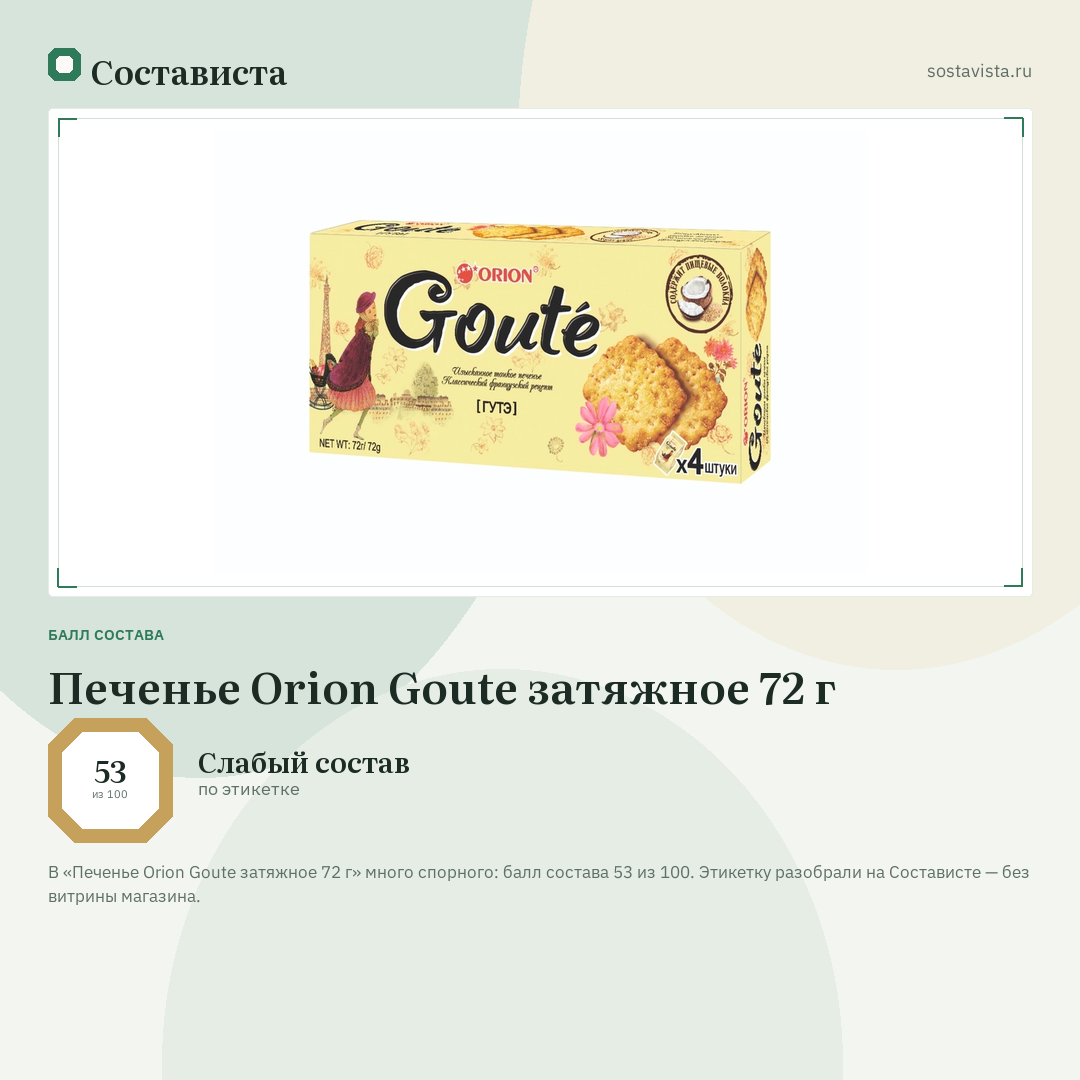Печенье Orion Goute затяжное 72 г: балл состава 53 из 100 — Состависта