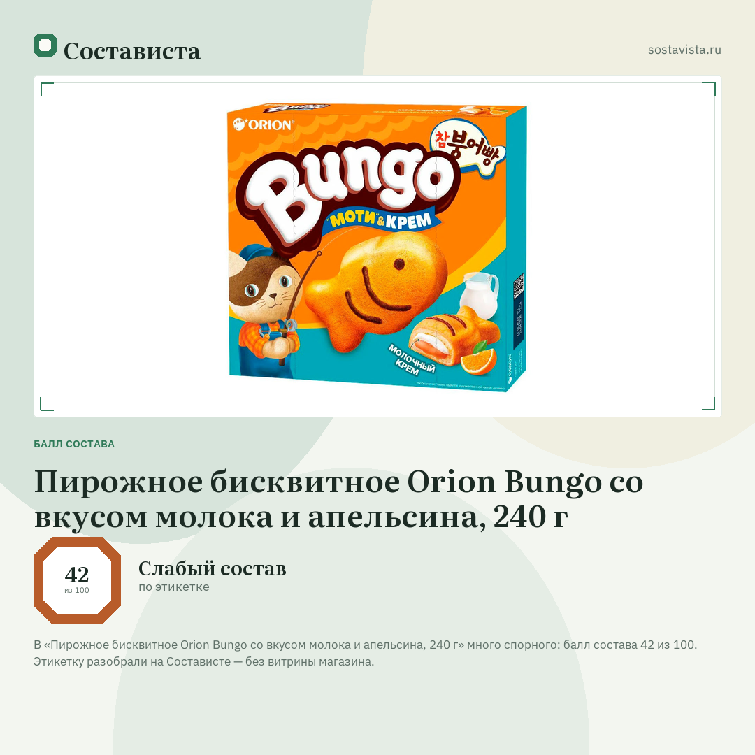 Пирожное бисквитное Orion Bungo со вкусом молока и апельсина, 240 г: балл состава 42 из 100 — Состависта